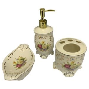 Vintage Floral Inspired Ceramic Bath Accessory Set of 3- Cream Gold Shabby Chic